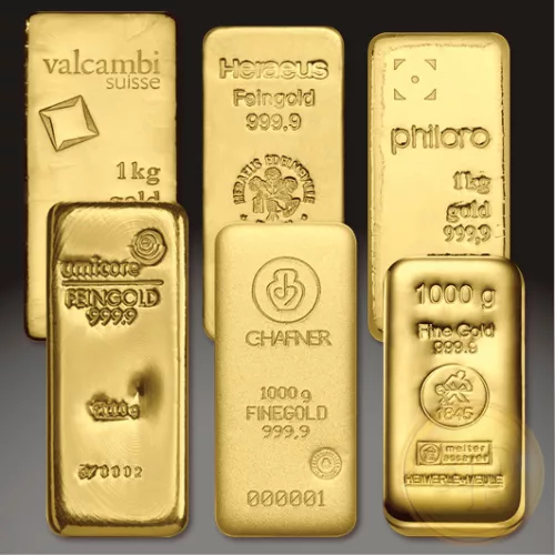 Befektetési aranyrúd, 1000 gramm, 999,9 ezrelék (Heimerle, C.Hafner és Valcambi stb.)