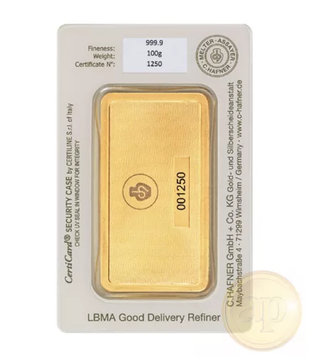 Befektetési aranyrúd, 100 gramm, 999,9 ezrelék (Heimerle, C.Hafner és Valcambi stb.)