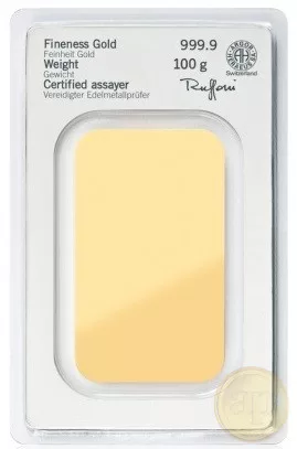 Befektetési aranyrúd, 100 gramm, 999,9 ezrelék (Heimerle, C.Hafner és Valcambi stb.)