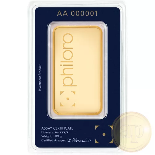 Befektetési aranyrúd, 100 gramm, 999,9 ezrelék (Heimerle, C.Hafner és Valcambi stb.)