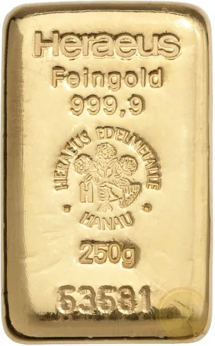 Befektetési aranyrúd, 250 gramm, 999,9 ezrelék (Heimerle, C.Hafner és Valcambi stb.)