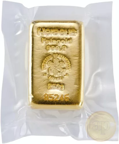 Befektetési aranyrúd, 250 gramm, 999,9 ezrelék (Heimerle, C.Hafner és Valcambi stb.)