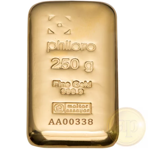 Befektetési aranyrúd, 250 gramm, 999,9 ezrelék (Heimerle, C.Hafner és Valcambi stb.)