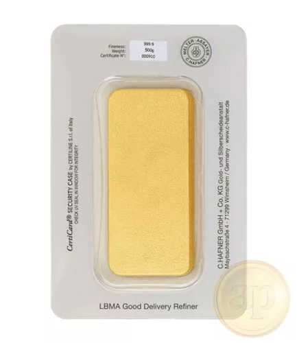 Befektetési aranyrúd, 500 gramm, 999,9 ezrelék (Heimerle, C.Hafner és Valcambi stb.)