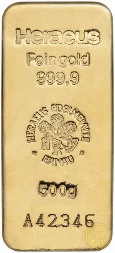 Befektetési aranyrúd, 500 gramm, 999,9 ezrelék (Heimerle, C.Hafner és Valcambi stb.)