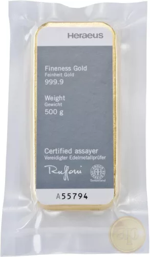 Befektetési aranyrúd, 500 gramm, 999,9 ezrelék (Heimerle, C.Hafner és Valcambi stb.)