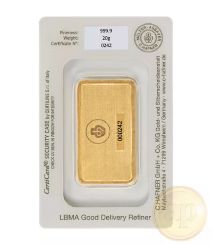 Befektetési aranyrúd, 20 gramm, 999,9 ezrelék (Heimerle, C.Hafner és Valcambi stb.)