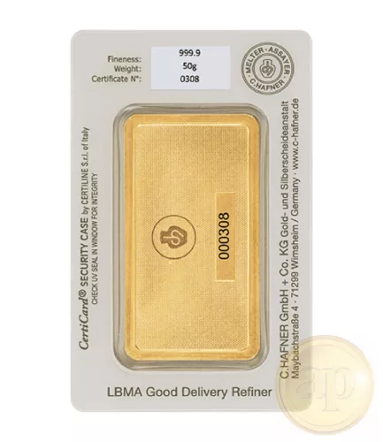 Befektetési aranyrúd, 50 gramm, 999,9 ezrelék (Heimerle, C.Hafner és Valcambi stb.)