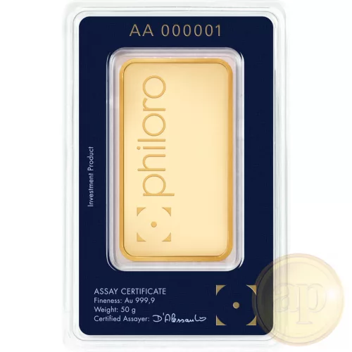 Befektetési aranyrúd, 50 gramm, 999,9 ezrelék (Heimerle, C.Hafner és Valcambi stb.)