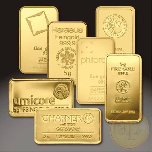 Befektetési aranyrúd, 5 gramm, 999,9 ezrelék (Heimerle, C.Hafner és Valcambi stb.)