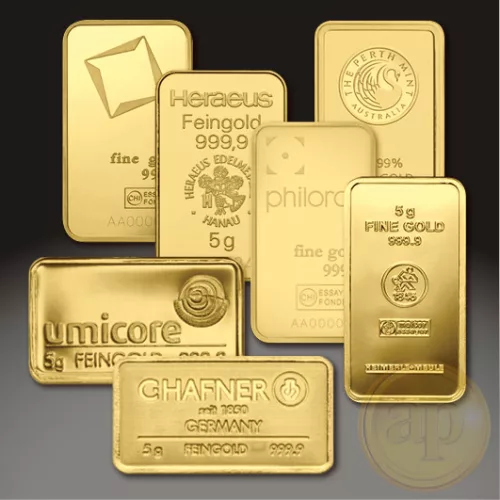 Befektetési aranyrúd, 5 gramm, 999,9 ezrelék (Heimerle, C.Hafner és Valcambi stb.)