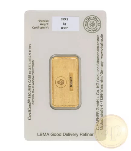 Befektetési aranyrúd, 5 gramm, 999,9 ezrelék (Heimerle, C.Hafner és Valcambi stb.)