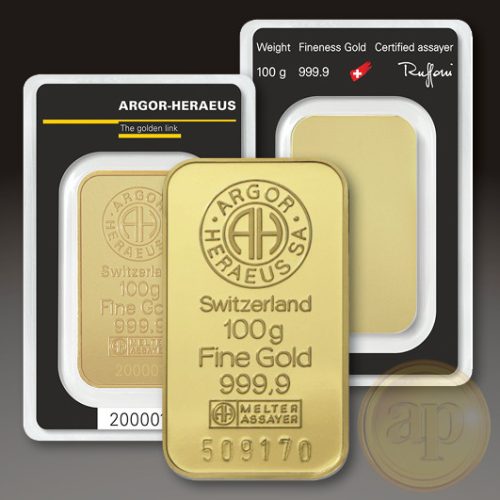 Befektetési aranyrúd, 100 gramm, 999,9 ezrelék (Argor-Heraeus, Münze Österreich)