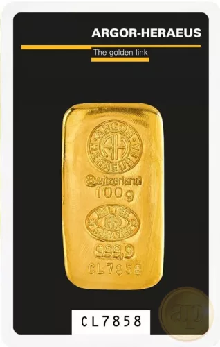 Befektetési aranyrúd, 100 gramm, 999,9 ezrelék (Argor-Heraeus, Münze Österreich)