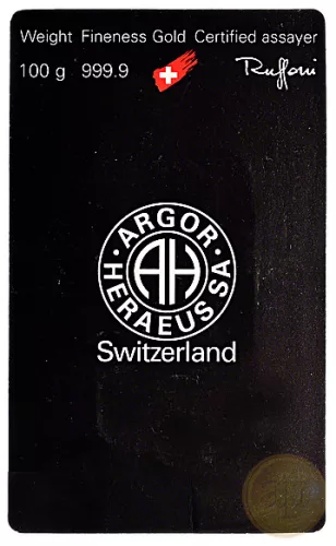 Befektetési aranyrúd, 100 gramm, 999,9 ezrelék (Argor-Heraeus, Münze Österreich)