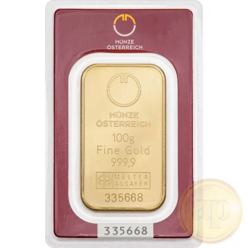 Befektetési aranyrúd, 100 gramm, 999,9 ezrelék (Argor-Heraeus, Münze Österreich)