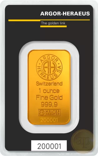 Befektetési aranyrúd, 1 uncia (31,1 gramm), 999,9 ezrelék (Argor-Heraeus)