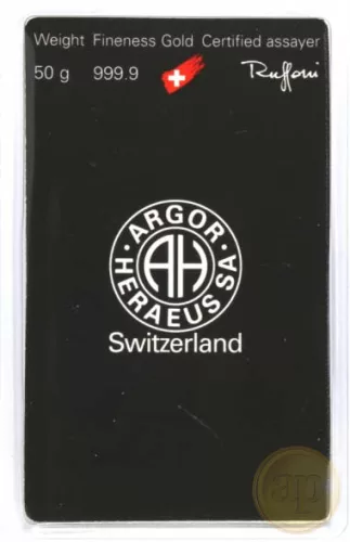 Befektetési aranyrúd, 50 gramm, 999,9 ezrelék (Argor-Heraeus, Münze Österreich)