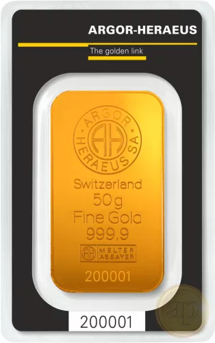 Befektetési aranyrúd, 50 gramm, 999,9 ezrelék (Argor-Heraeus, Münze Österreich)
