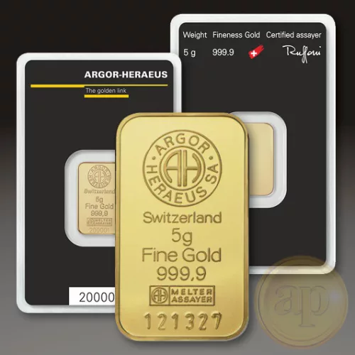 Befektetési aranyrúd, 5 gramm, 999,9 ezrelék (Argor-Heraeus, Münze Österreich)