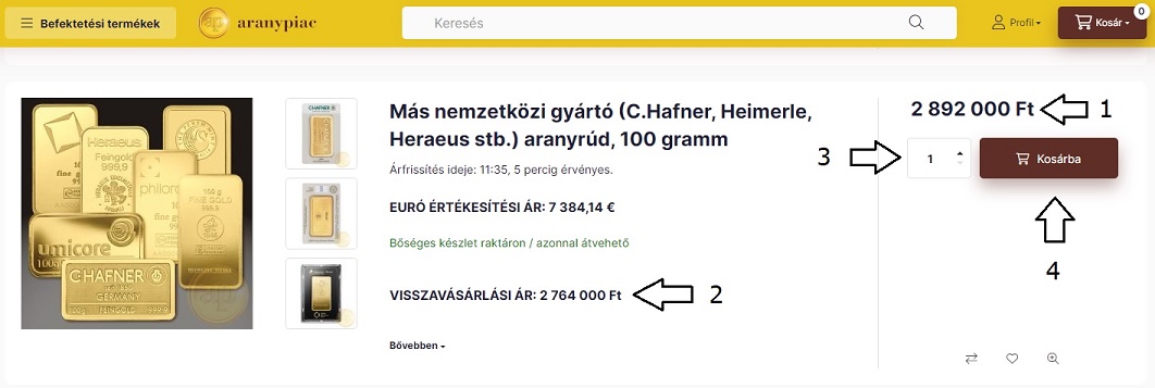 100 gramm befektetési aranyrúd termékoldala magyarázattal
