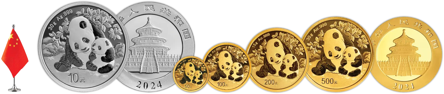 Kínai panda érmesor - 30 gramm ezüst érme, arany érme 30 grammtól 3 grammig
